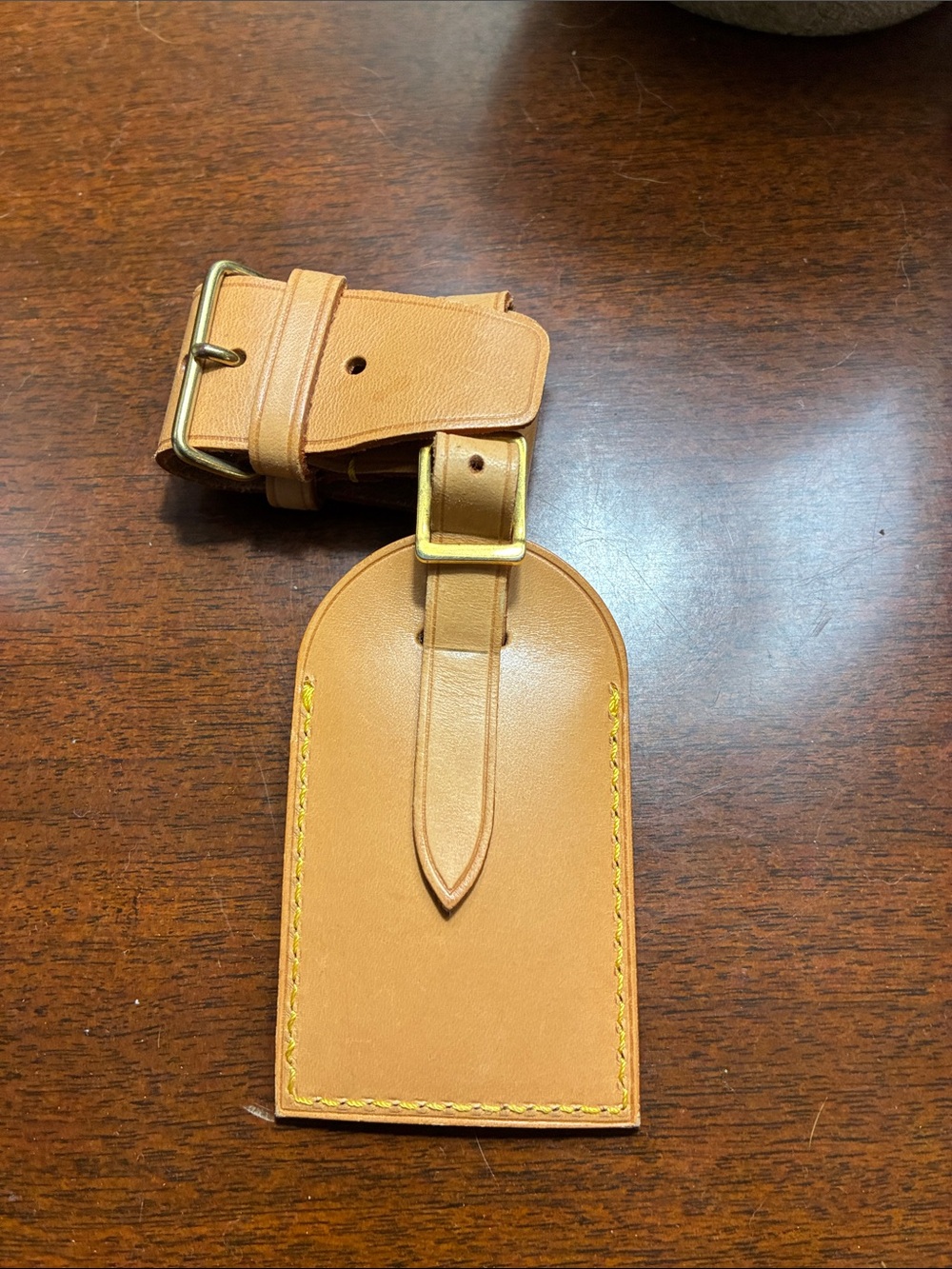 Louis Vuitton Tan Leather Luggage Tag with Yellow Stitching - Picture 3 of 5